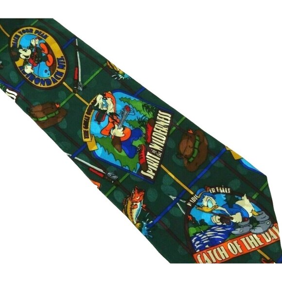 Disney Silk Tie Mens Necktie 90s Cartoon Vibe Hunting Fishing Playful Whimsical - Picture 1 of 3